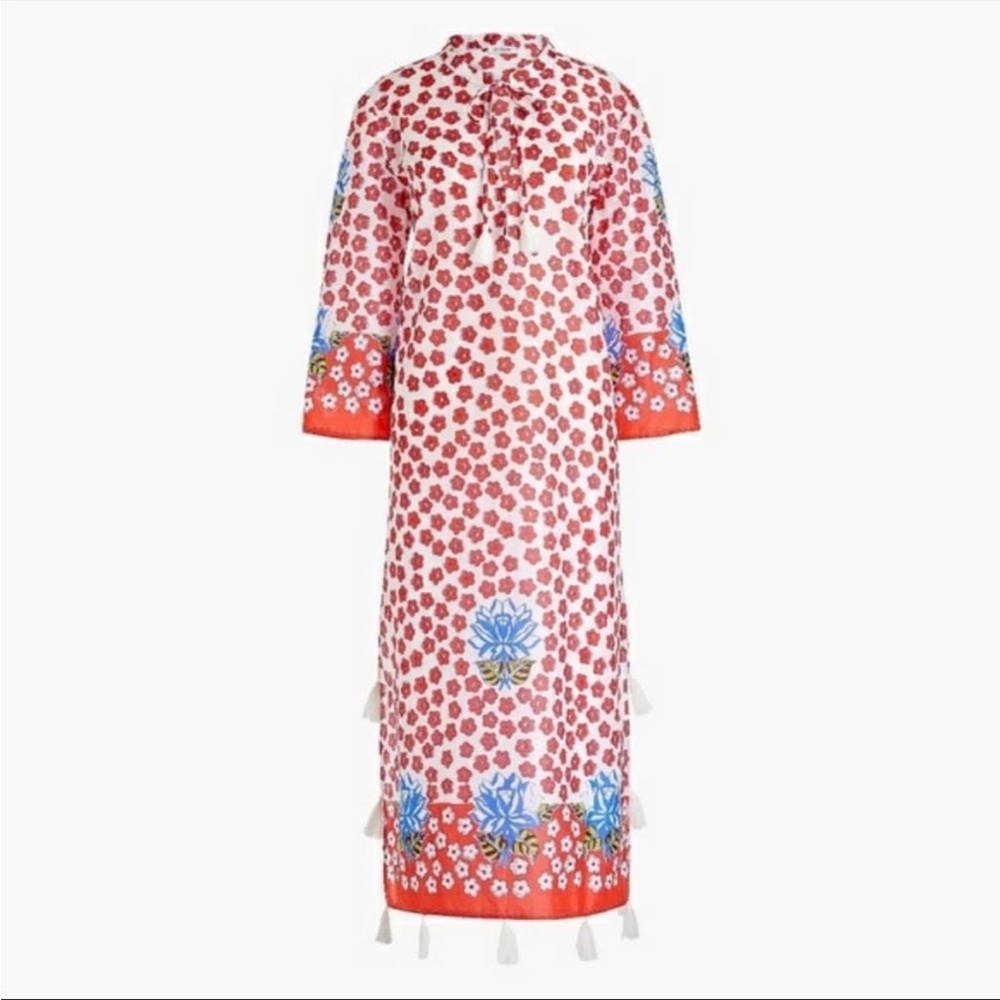 NWOT J.Crew Floral Caftan Coverup Beach Pool MIDI Dress with Tassels LARGE